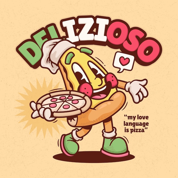 Italian Pizza Trendy Retro Cartoon Vector Hand Drawn