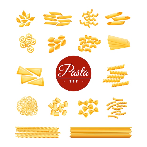 Vettore gratuito collezione di icone di varietà di pasta secca cucina tradizionale italiana di maccheroni di spaghetti