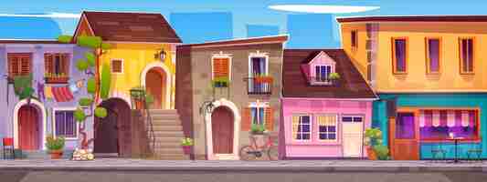 Free vector italy old vintage city street vector illustration italian european town with cafe in retro house building summer european architecture village landscape urban restaurant and mediterranean facade