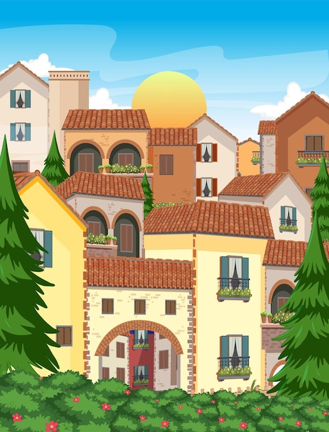 이탈리아 타운 스타일의 집과 건물 풍경