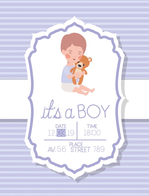 Its a boy baby shower card with kid and bear teddy