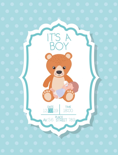 Free vector its a boy baby shower card with kid and bear teddy