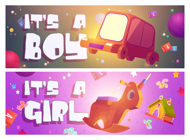 Free vector its a boy or girl cartoon banners baby shower