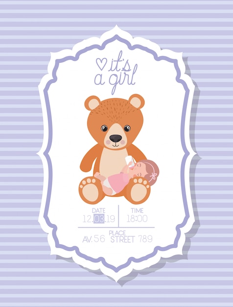 Free vector its a girl baby shower card with kid and bear teddy