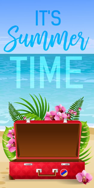 Its summer time banner with tropical leaves, pink flowers, red suitcase