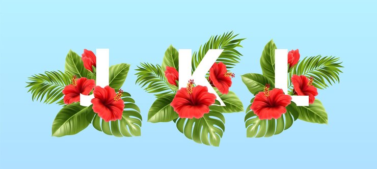 Free Vector j k l letters surrounded by summer tropical leaves and red hibiscus flowers
