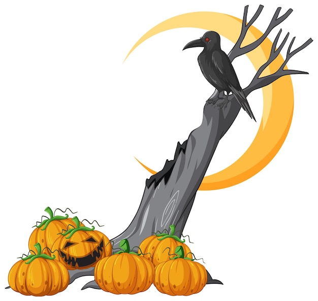 Free vector jack o'lantern pumpkin with crow on dead tree