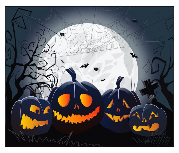 Free vector jack o lanterns and cobweb with spiders against moonlight