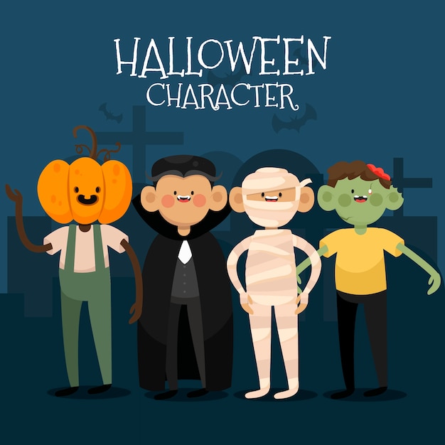 Free vector jackolantern, vampire, mummy and zombie at the cemetery