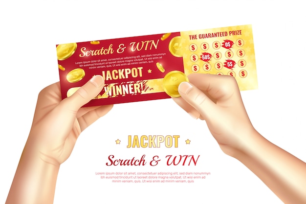 Free vector jackpot advertising poster with scratch lottery card in human hands realistic