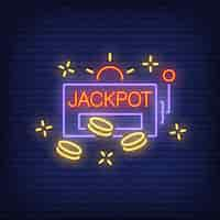 Free vector jackpot neon sign. slot machine shape with chips or coins on brick wall background