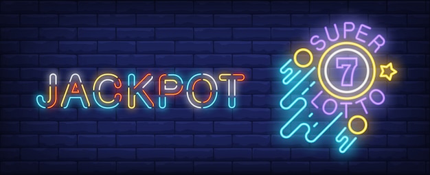 Jackpot neon sign. super lotto glowing sign on brick wall background.