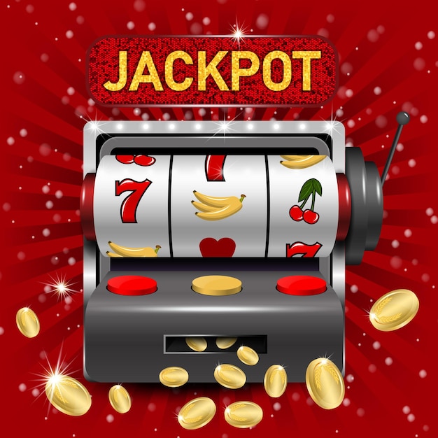 Il fondo realistico di jackpot con la retro macchina del gioco della scanalatura del tamburo e l'illustrazione di vettore delle monete d'oro di dispersione