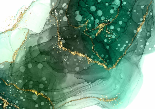 翡翠グリーンの手描きのアルコールインクの背景にゴールドのキラキラ要素