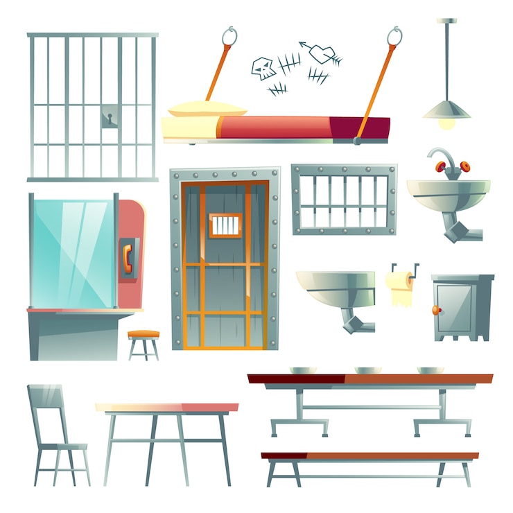 Free Vector jail cell, prison dining and visiting room furniture, interior design elements cartoon 
