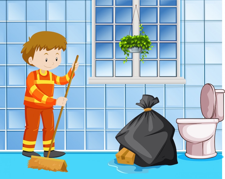 मुफ़्त वेक्टर janitor cleaning wet floor in toilet