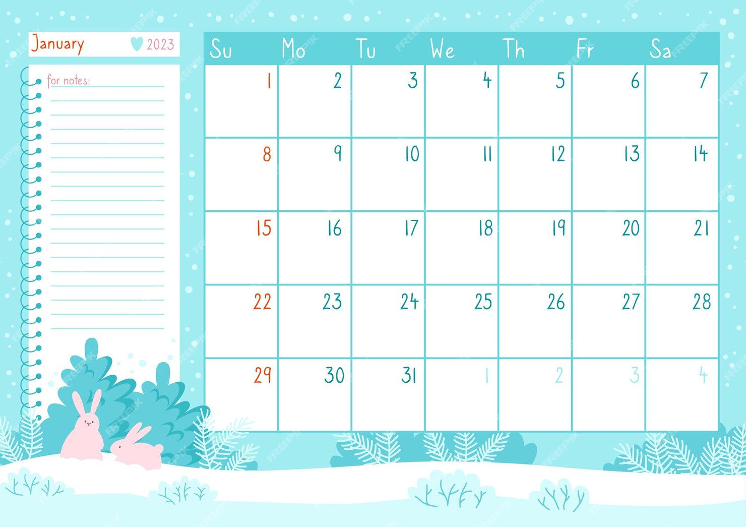 Premium Vector | January calendar template organizer 2023 year bunny