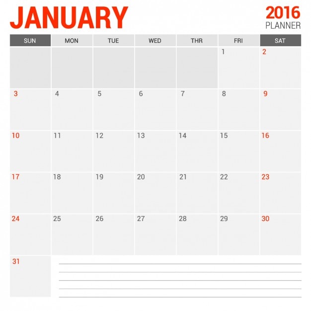 January Monthly Calendar 2016