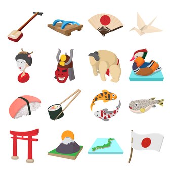 Набор иконок японии в мультяшном стиле, изолированных вектор