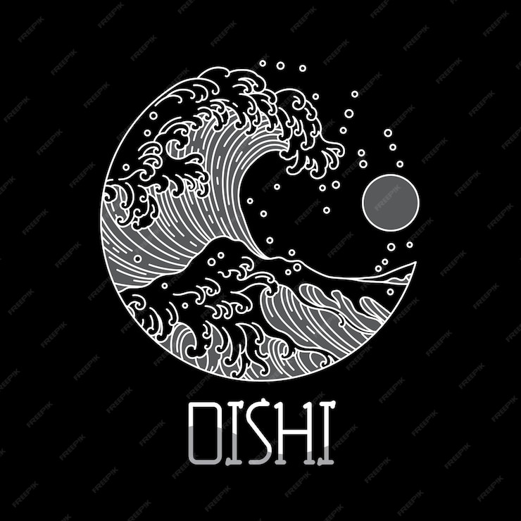  Japan logo design with great wave ocean and big sun in a round shapeoishi mean to delicous Premium 