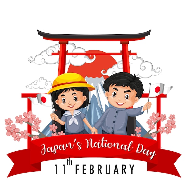 Japan national day banner with japanese children cartoon character