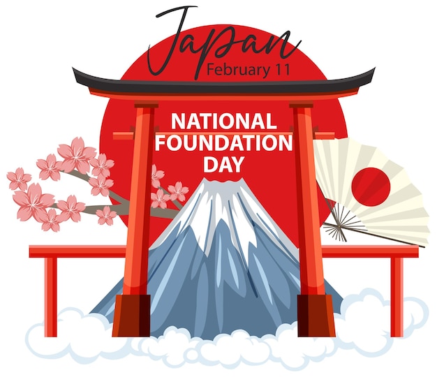 Free vector japan national foundation day banner with mount fuji and torii gate