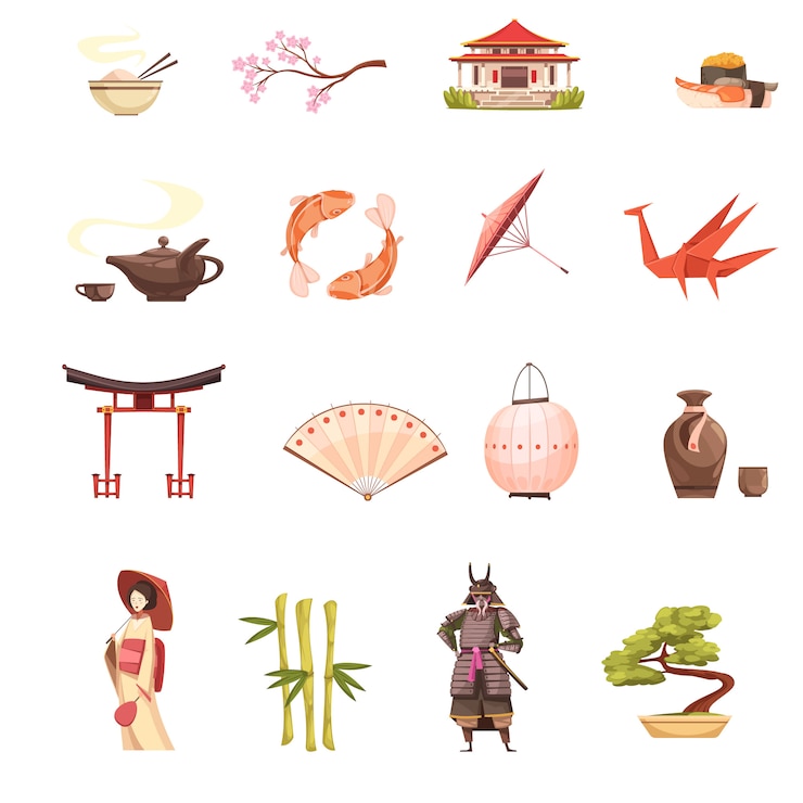 Free Vector japan retro cartoon icons set with shrine sakura geisha samurai origami  bonsai and bamboo 