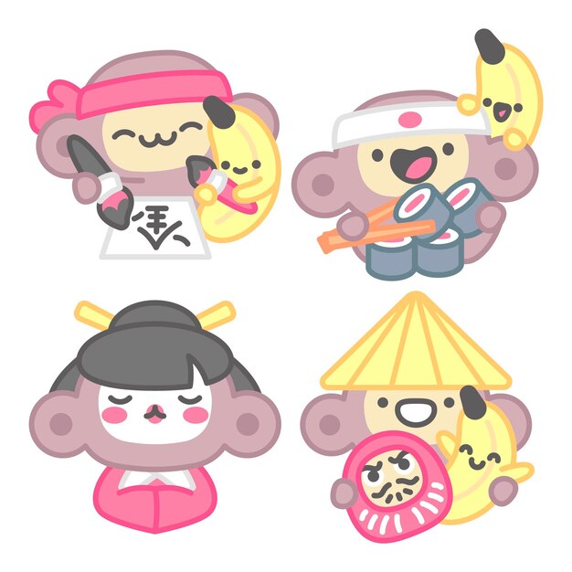 Free vector japan stickers collection with monkey and banana