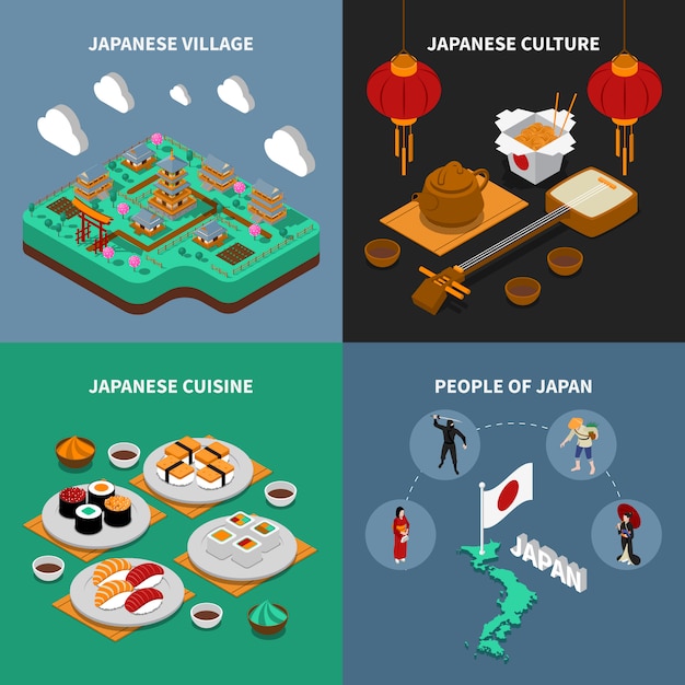 Free vector japan touristic isometric 2x2 icons set