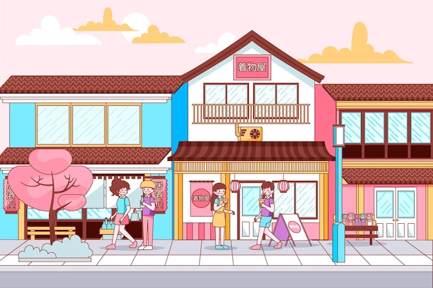 Free vector japan traditional street with people walking