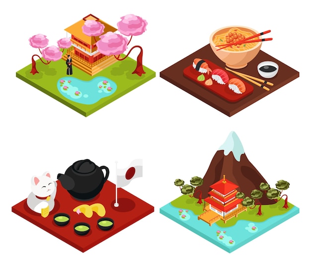 Japan travel culture food concept isometric compositions with mountain sakura temple tea ceremony isolated