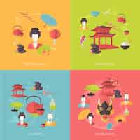 Free vector japan travel icons flat set with traditional geisha food tea ceremony culture isolated vector illustration