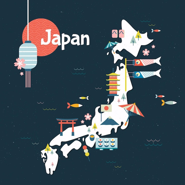 Винтажная геометрическая карта Японии с элементами