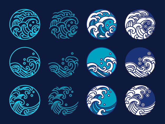 일본 물과 바다 물결. 동양 스타일의 그래픽 디자인. 라인 아트