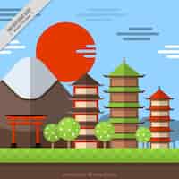 Free vector japanese background of landscape at sunset in flat style