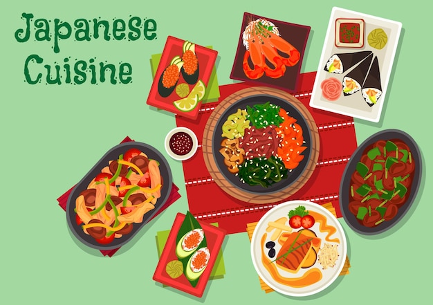 Икона японской кухни с гунканом и темаки суши с авокадо, креветками и икрой, креветками чили, жареным окунем, овощным тушеным мясом с грибами, острой куриной печенью, теплым куриным салатом с шиитаке