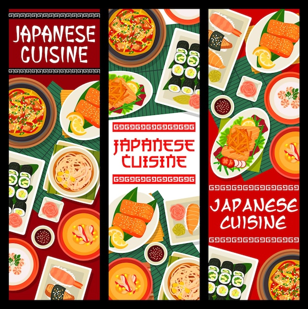 日本料理は、照り焼きソース、キュウリのアボカド巻き寿司、またはヌードルポークシチューを添えたサーモンのグリルをベクトルします。サーモン野菜サラダ酒照り焼き、日本のカニと鶏肉のコーンクリームスープ Premiumベクター