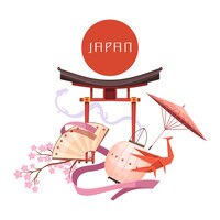 免费矢量日本文化元素包括红色圆圈宗教圣地樱花折纸在白色背景的复古漫画