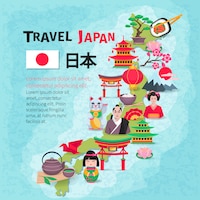 Japanese culture and national symbols with country map and flag for travelers flat poster abstract