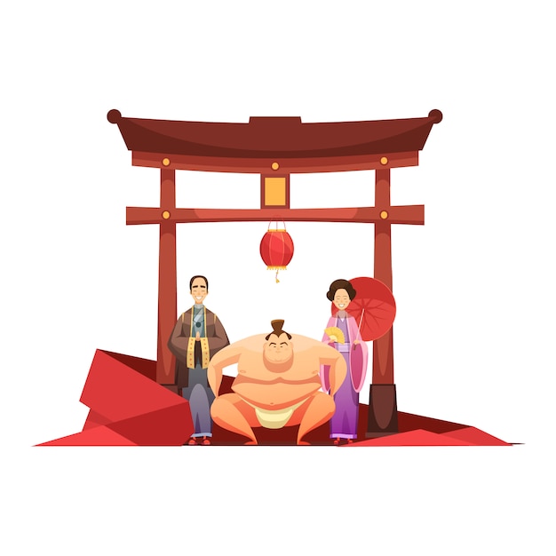Japanese culture retro composition with pagoda sumo wrestler and in kimono dressed couple