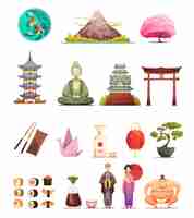 Free vector japanese culture traditions cuisine retro cartoon icons collection with cherry blossom bonsai