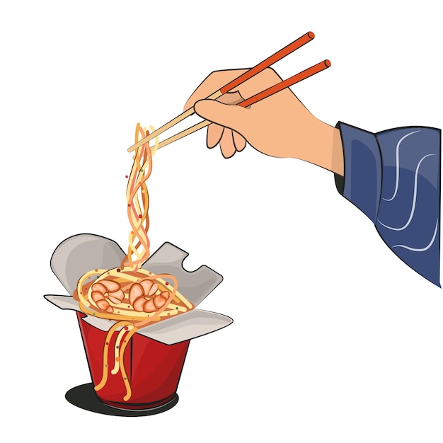 Japanese delivery food arms with chopstick for restaurant menus and posters delivery sites vector flat illustration isolated on white background sushi rolls ramen wok stock picture Premium Vector