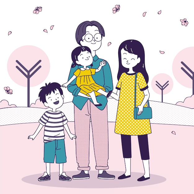 日本の散歩を楽しむ日本人家族