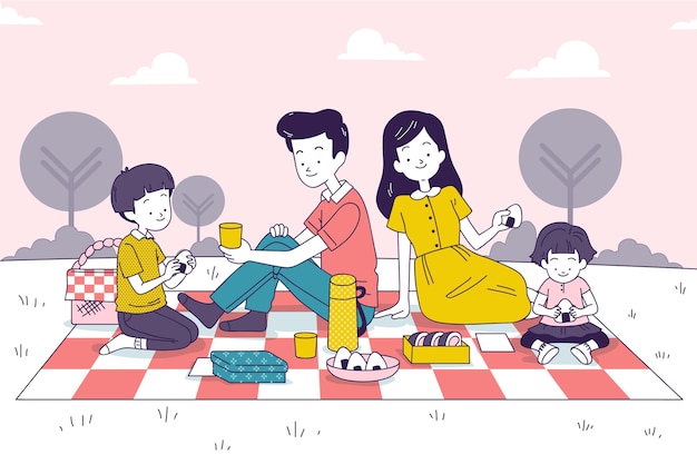 Free vector japanese family enjoying a picnic