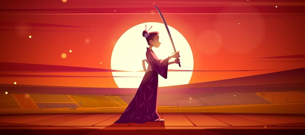 Free vector japanese geisha wear kimono holding samurai katana