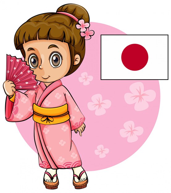 Японская девушка в розовом кимоно и флаг Японии