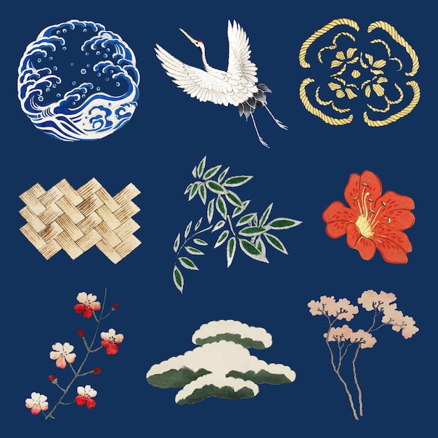 일본 가몬 장식 요소 세트, Watanabe Seitei의 원본 인쇄에서 삽화 리믹스