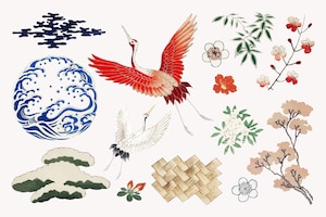 Japanese kamon ornamental element vector set, artwork remix from original print by watanabe seitei