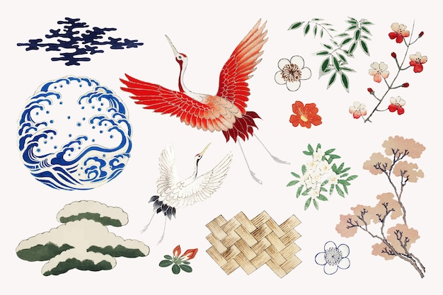 Japanese kamon ornamental element vector set, artwork remix from original print by Watanabe Seitei