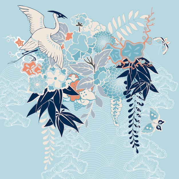 Free vector japanese kimono motif with crane and flowers